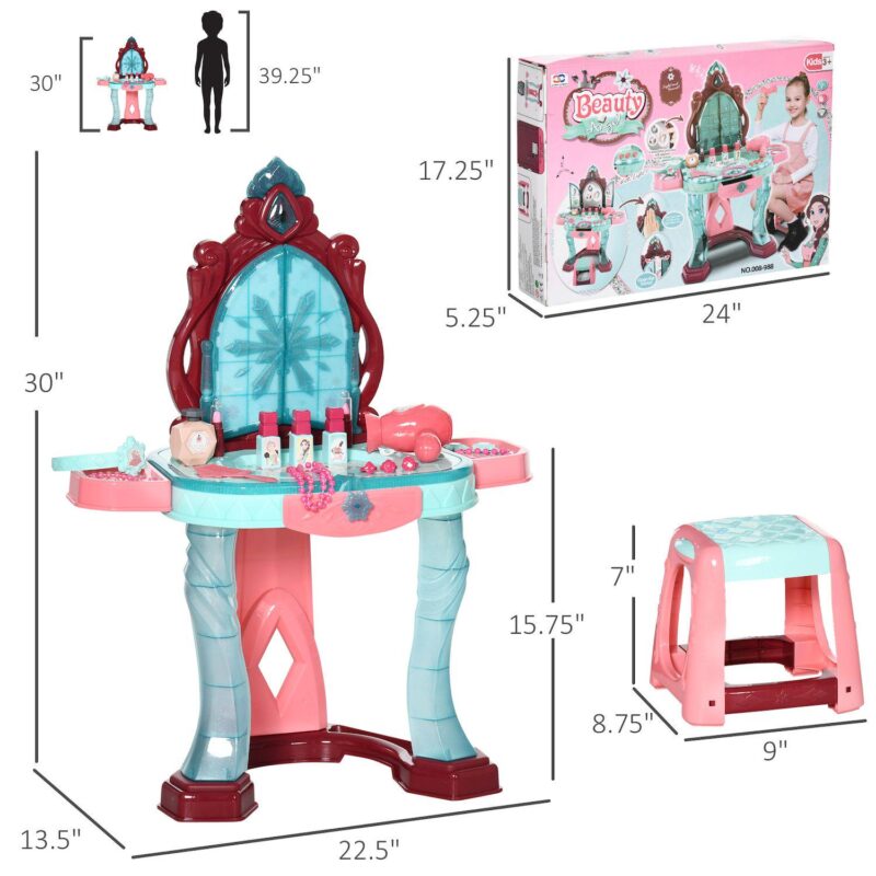 Qaba Kids Vanity Makeup Table Set with Chair and 31-Piece Collection, Mirror Princess Vanity Table with Self-Opening Magic Mirror, Music, Light, Imaginative Toy for 3 Years Old Sky - Image 3