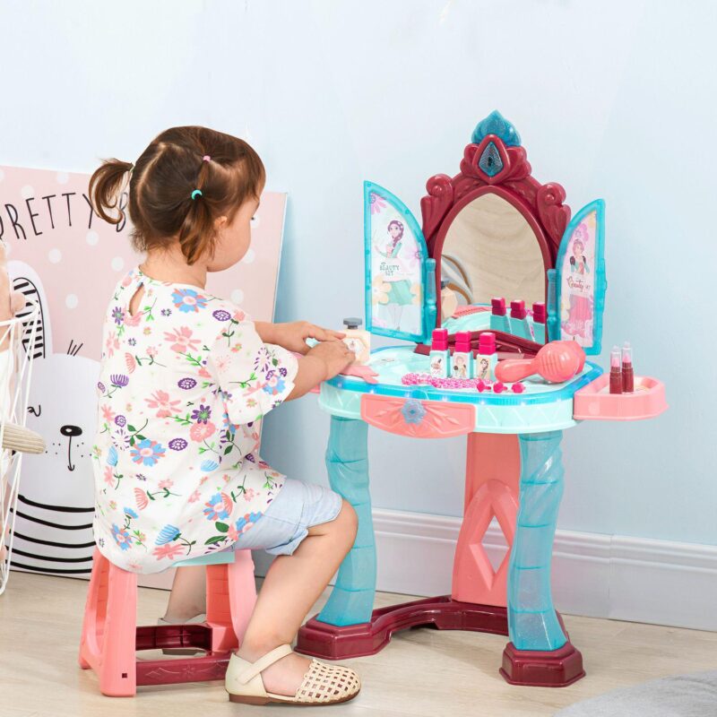 Qaba Kids Vanity Makeup Table Set with Chair and 31-Piece Collection, Mirror Princess Vanity Table with Self-Opening Magic Mirror, Music, Light, Imaginative Toy for 3 Years Old Sky - Image 2