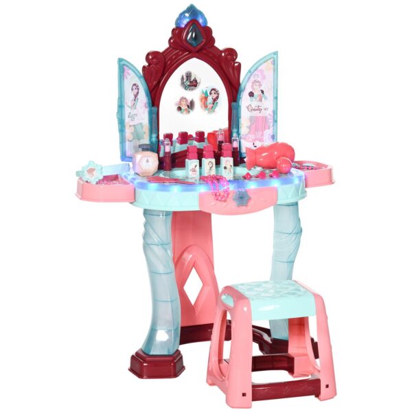 Qaba Kids Vanity Makeup Table Set with Chair and 31-Piece Collection, Mirror Princess Vanity Table with Self-Opening Magic Mirror, Music, Light, Imaginative Toy for 3 Years Old Sky