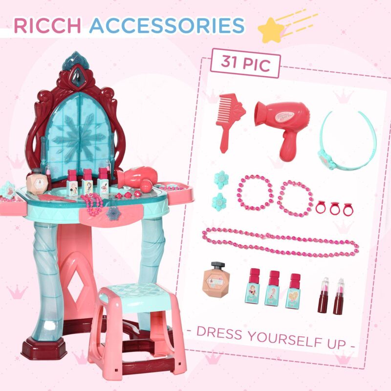 Qaba Kids Vanity Makeup Table Set with Chair and 31-Piece Collection, Mirror Princess Vanity Table with Self-Opening Magic Mirror, Music, Light, Imaginative Toy for 3 Years Old Sky - Image 5