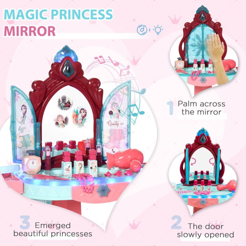 Qaba Kids Vanity Makeup Table Set with Chair and 31-Piece Collection, Mirror Princess Vanity Table with Self-Opening Magic Mirror, Music, Light, Imaginative Toy for 3 Years Old Sky - Image 4