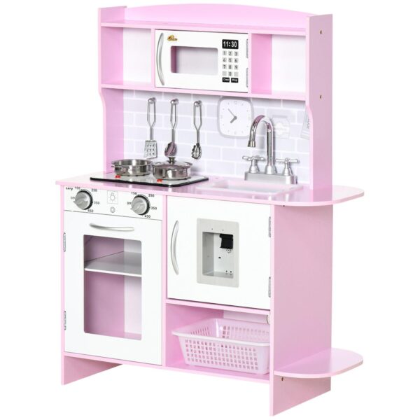 Qaba Pretend Play Kitchen with Sound Effects and Stove Lights, Kids Kitchen Playset with Storage, Water Dispenser Preschool and Kindergarten Gift for 3-6 Years Old, Pink