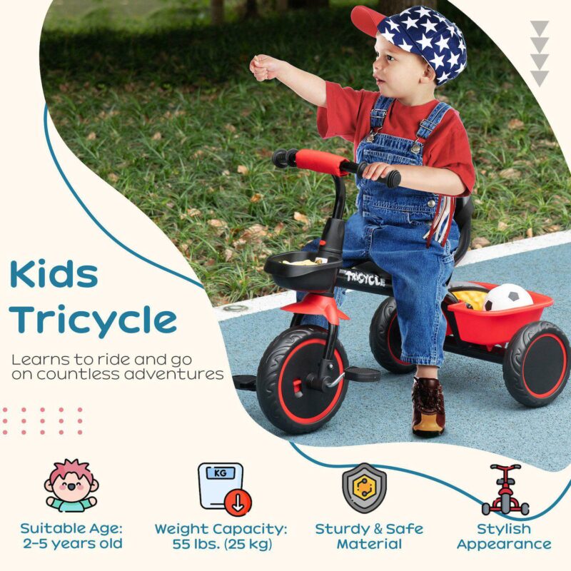 Qaba Tricycle For Kids Age 2-5, Toddler Bike With Adjustable Seat, Red - Image 4