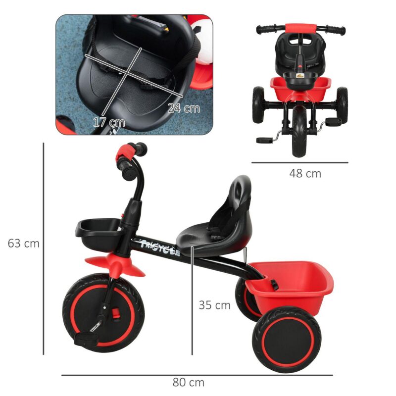 Qaba Tricycle For Kids Age 2-5, Toddler Bike With Adjustable Seat, Red - Image 3