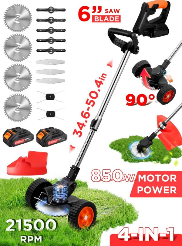 RELOIVE Electric Weed Wacker, Cordless Weed Eater Battery Powered 21V 2000mAh 4-in-1 Lawn Mower with Wheels Trimmer Edger Lawn Tool for Garden Yard