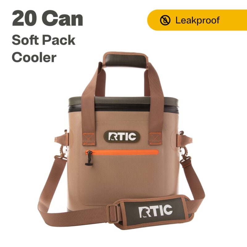 RTIC 20 Can Soft Pack Cooler, Leakproof Ice Chest Cooler with Waterproof Zipper, Tan