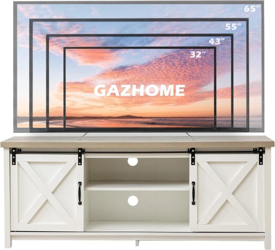Reliancer Farmhouse TV Stand for TVs up to 65a , with Sliding Barn Doors, White - Image 7