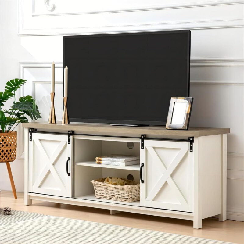 Reliancer Farmhouse TV Stand for TVs up to 65a , with Sliding Barn Doors, White - Image 6