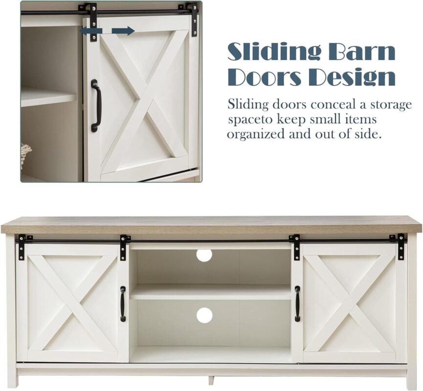 Reliancer Farmhouse TV Stand for TVs up to 65a , with Sliding Barn Doors, White - Image 2