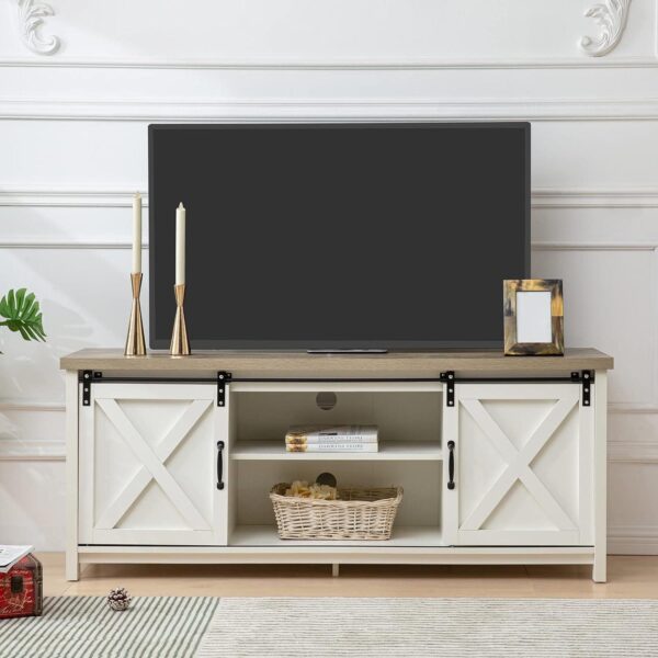 Reliancer Farmhouse TV Stand for TVs up to 65a , with Sliding Barn Doors, White