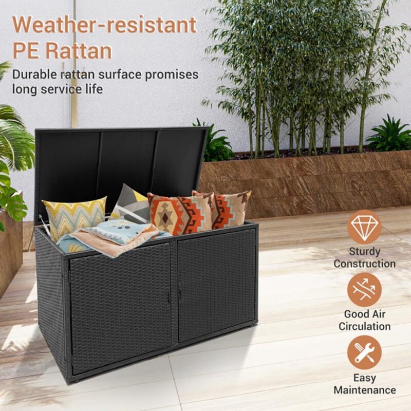 Resenkos Outdoor Garden Box, Storage Box Tool Box,88 Gallon Garden Patio Rattan Storage Container Box-Black - Image 6
