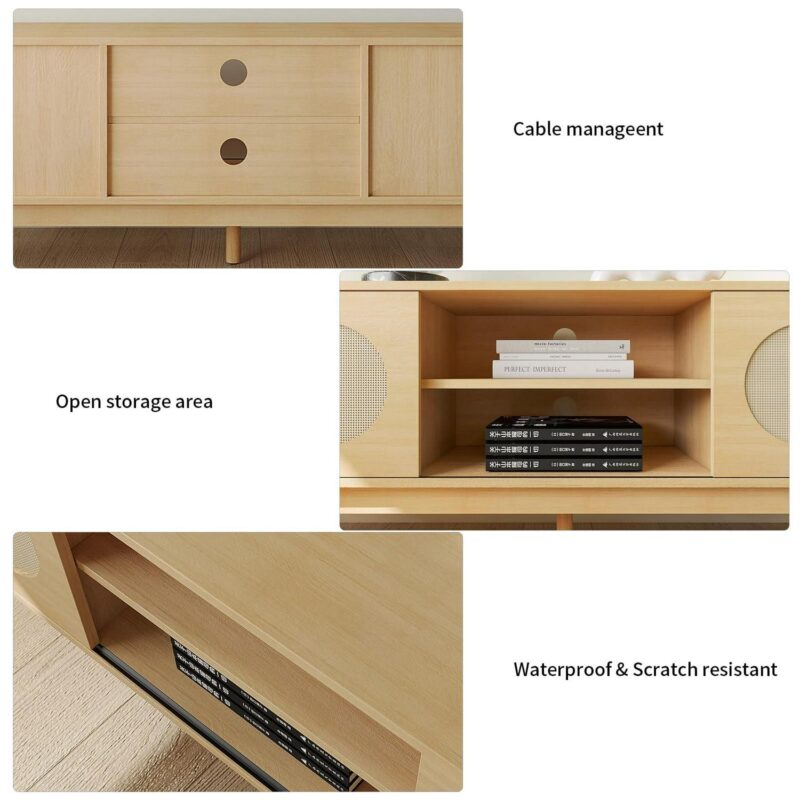 Richya Modern Rattan TV Stand for 55/60/65 inch TV with Natural Rattan Door and Shelves,Entertainment Center,Media Console Table for Living Room (Wood Color) - Image 2