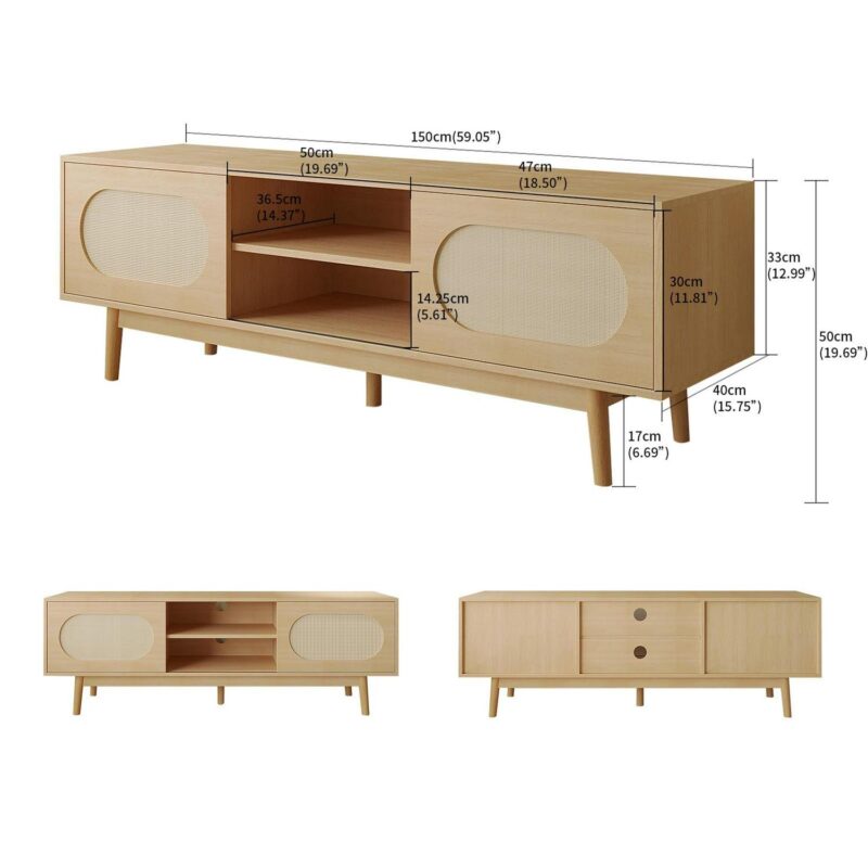 Richya Modern Rattan TV Stand for 55/60/65 inch TV with Natural Rattan Door and Shelves,Entertainment Center,Media Console Table for Living Room (Wood Color) - Image 3