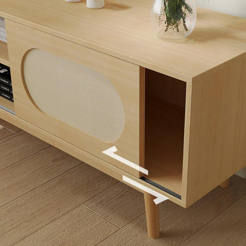 Richya Modern Rattan TV Stand for 55/60/65 inch TV with Natural Rattan Door and Shelves,Entertainment Center,Media Console Table for Living Room (Wood Color) - Image 6