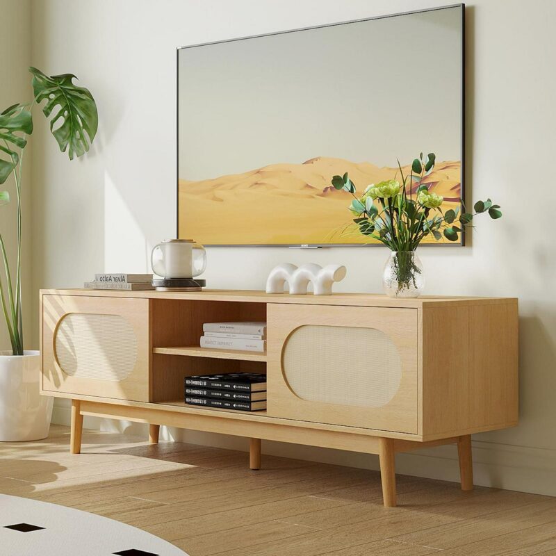 Richya Modern Rattan TV Stand for 55/60/65 inch TV with Natural Rattan Door and Shelves,Entertainment Center,Media Console Table for Living Room (Wood Color) - Image 8