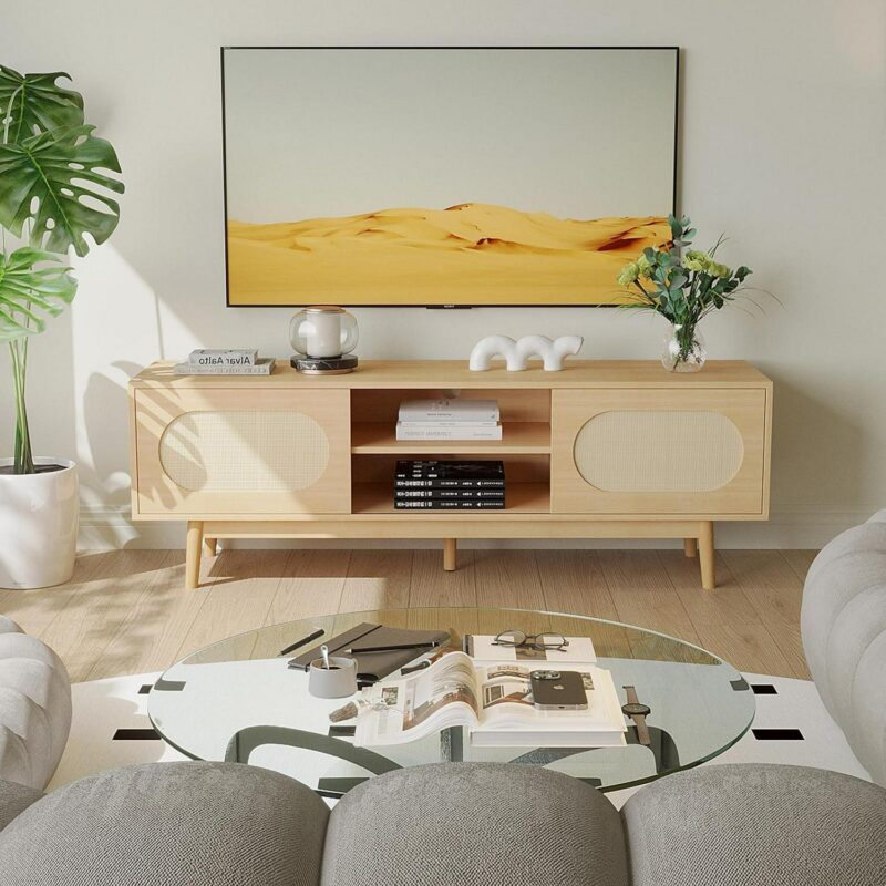 Richya Modern Rattan TV Stand for 55/60/65 inch TV with Natural Rattan Door and Shelves,Entertainment Center,Media Console Table for Living Room (Wood Color) - Image 5