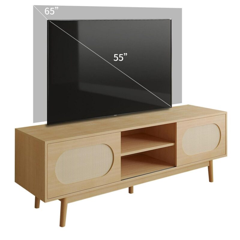Richya Modern Rattan TV Stand for 55/60/65 inch TV with Natural Rattan Door and Shelves,Entertainment Center,Media Console Table for Living Room (Wood Color) - Image 9
