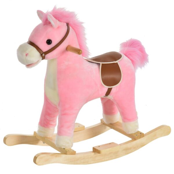 Rocking Horse Plush Animal On Wooden Rockers With Sounds, Wooden Base, Pink