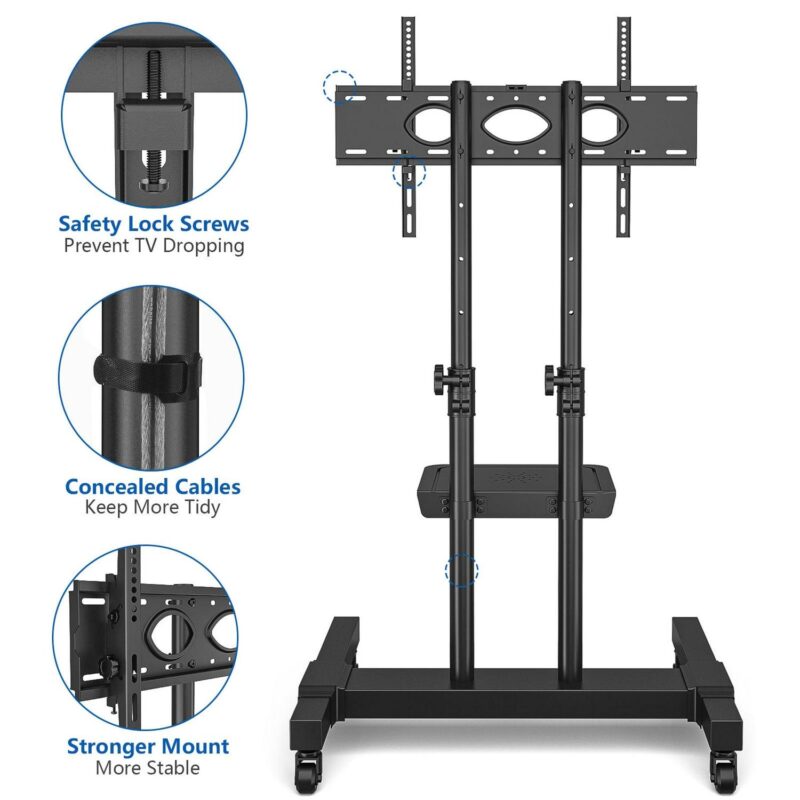 Rolling TV Stand Wheels for TVs up to 80 inch Tilt Upgraded TV Cart, Black - Image 3