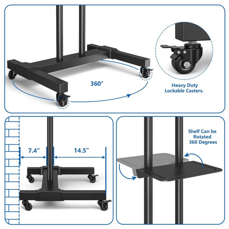 Rolling TV Stand Wheels for TVs up to 80 inch Tilt Upgraded TV Cart, Black - Image 4