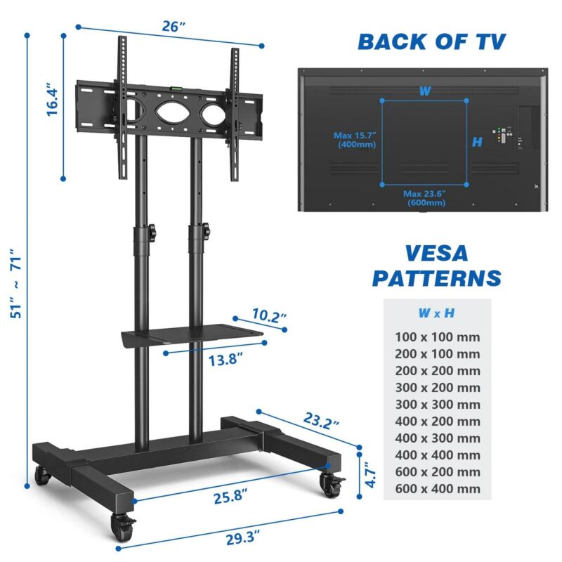 Rolling TV Stand Wheels for TVs up to 80 inch Tilt Upgraded TV Cart, Black - Image 6