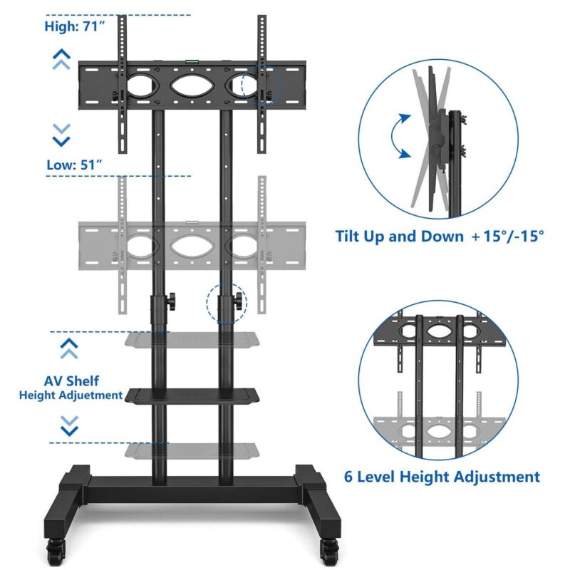 Rolling TV Stand Wheels for TVs up to 80 inch Tilt Upgraded TV Cart, Black - Image 5