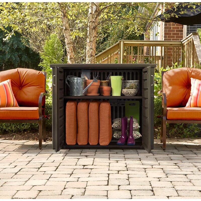Rubbermaid Weather Resistant Resin Chic Outdoor Patio Storage Cabinet, Black Oak - Image 4
