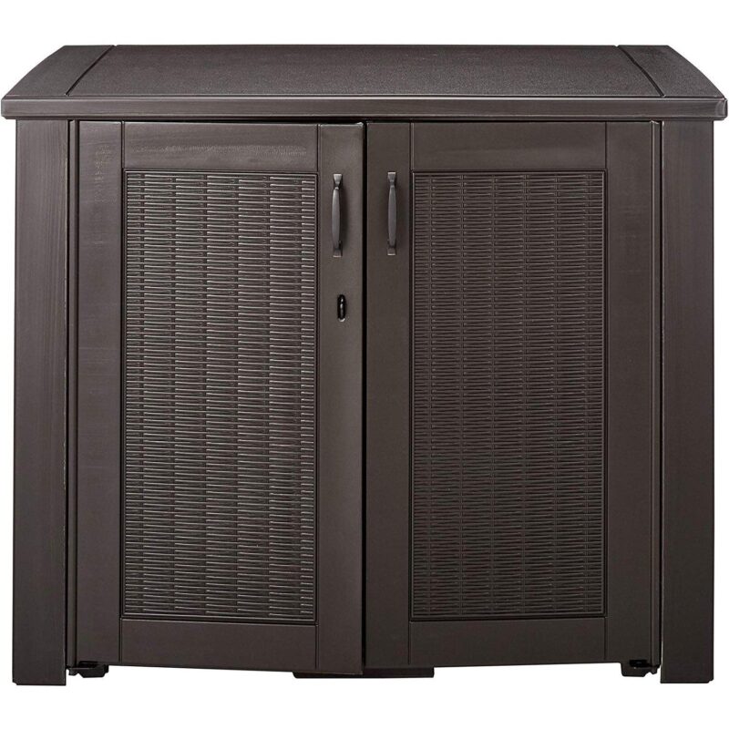 Rubbermaid Weather Resistant Resin Chic Outdoor Patio Storage Cabinet, Black Oak - Image 2