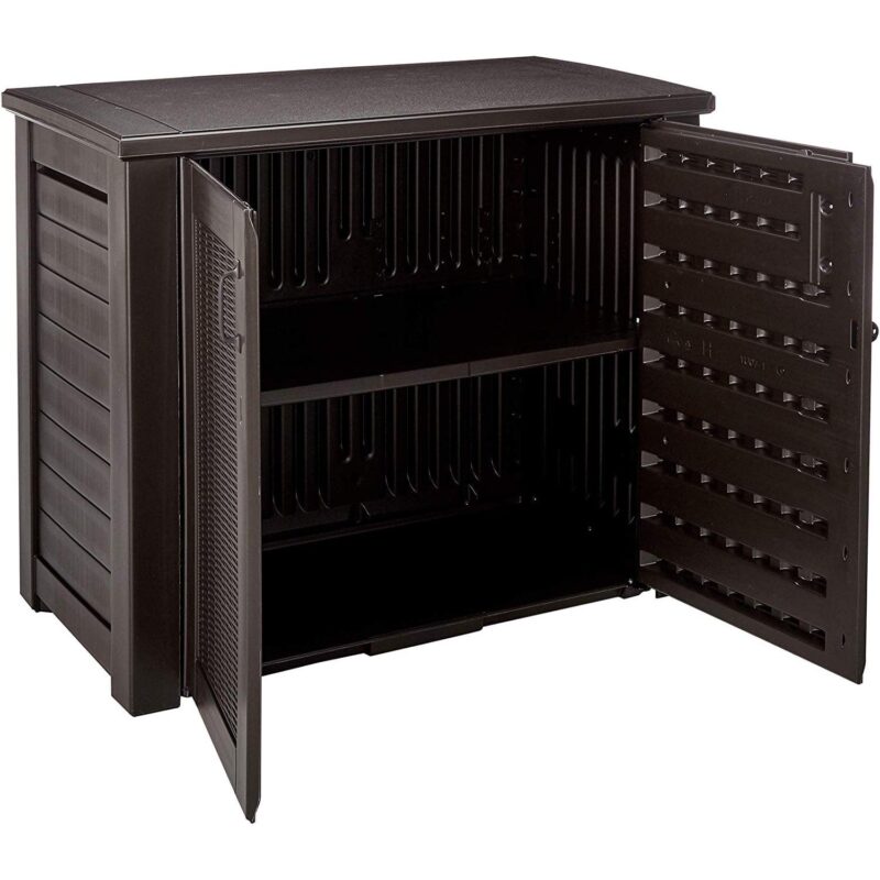 Rubbermaid Weather Resistant Resin Chic Outdoor Patio Storage Cabinet, Black Oak - Image 3