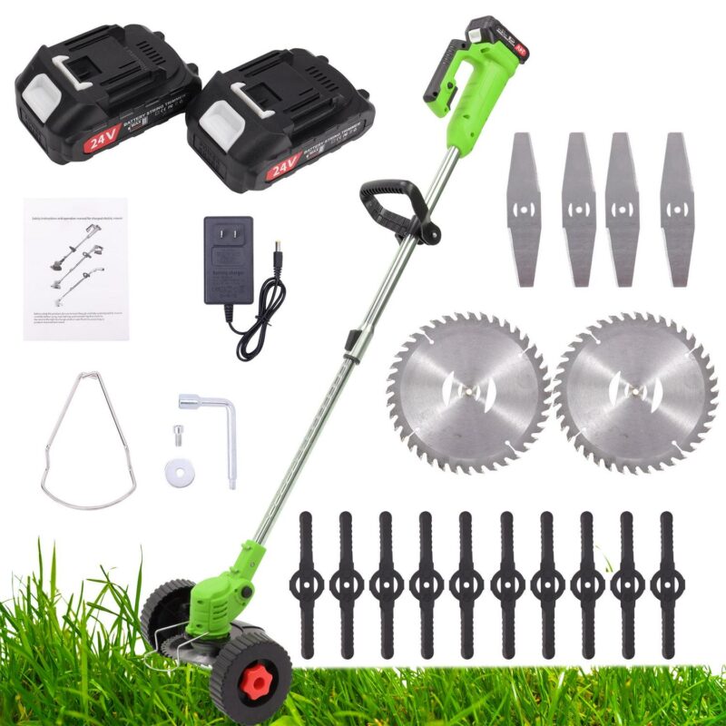 SAYFUT 24V 800W Electric Grass Trimmer Double Wheel Cordless Electric Lawn Mower Adjustable Length Garden Pruning Cutter Tool