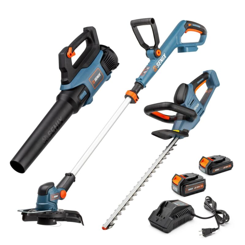 SENIX 20 Volt Max* 3-Tool Cordless Combo Kit, 10-Inch String Trimmer, Variable Leaf Blower and 18-Inch Hedge Trimmer (2 Ah Battery, 4 Ah Battery and 2A Charger Included) S2K3B2-01