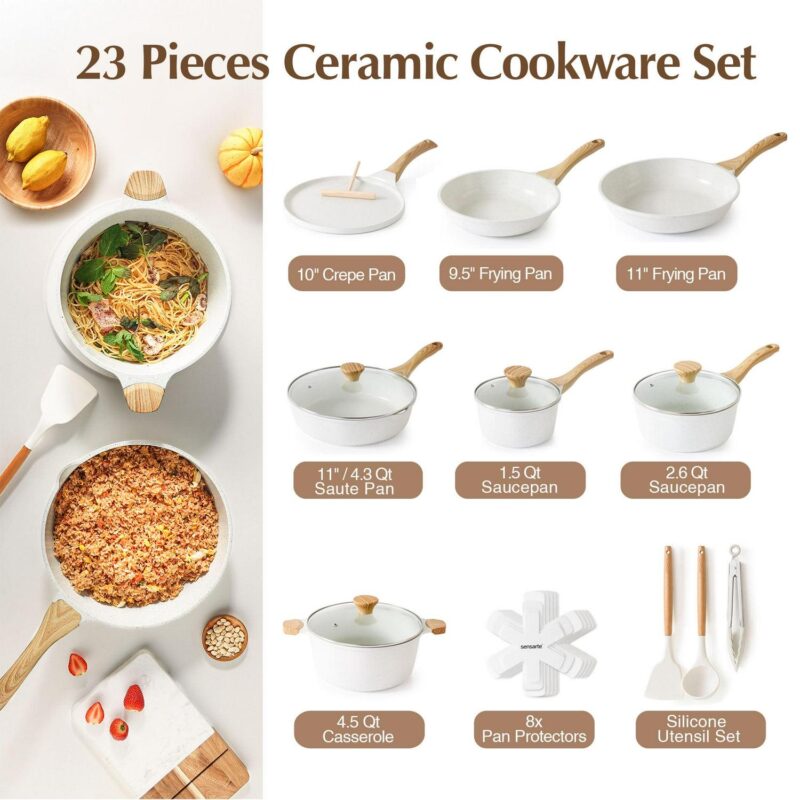SENSARTE Ceramic Nonstick Pots and Pans Set, 23 Pieces Healthy Non Stick Cookware Set, Induction Kitchen Pan Sets White, PFAS and PFOA Free - Image 2