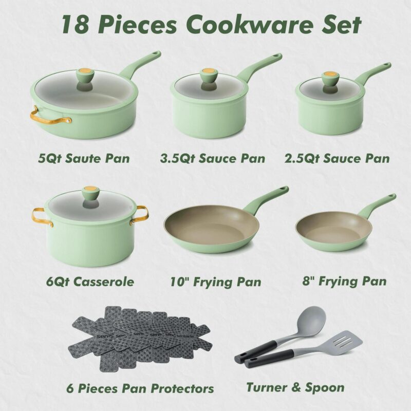 SENSARTE Nonstick Pots and Pans Set, 18 Pieces Non Stick Cookware Set, Induction Kitchen Cookware Sets Green, PFOA Free - Image 2