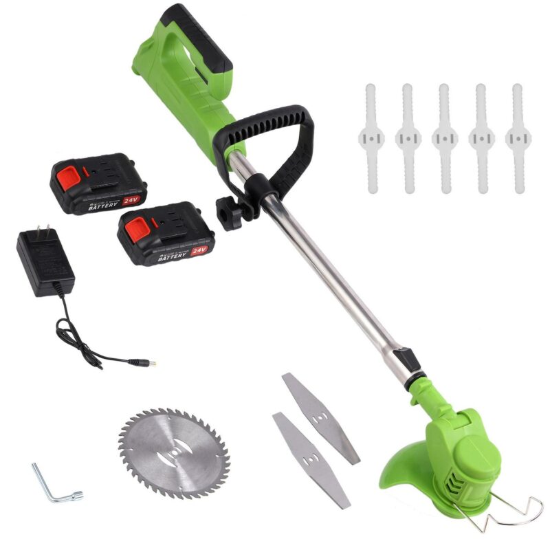 SHCKE 24V Cordless Weed Eater Battery Powered Grass Trimmer Electric Lawn Mower with 8 Blades 2 Batteries 1 Charger for Lawn Yard Bush Trimming and Pruning