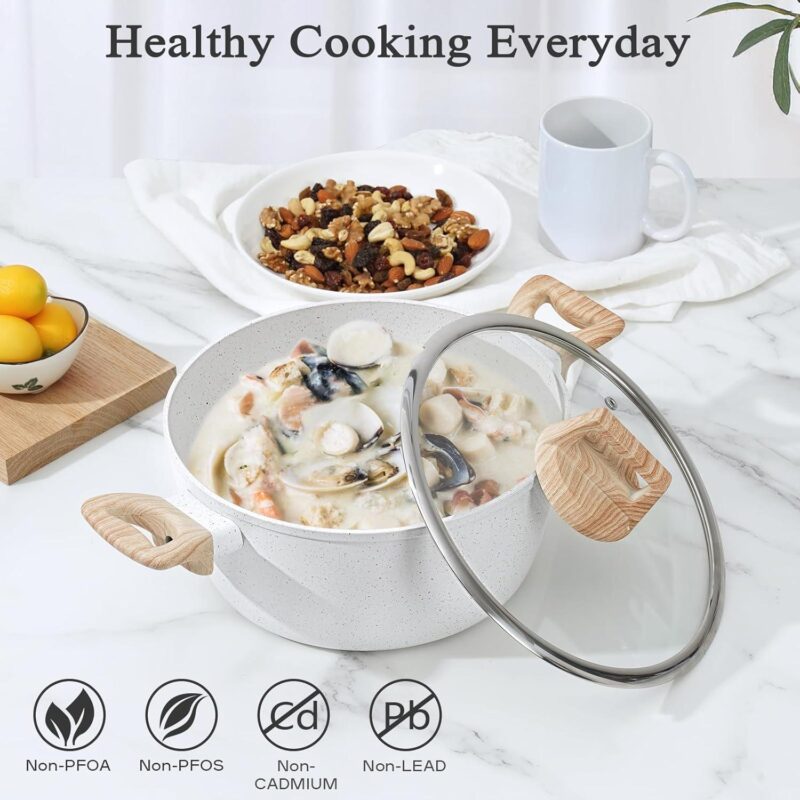 SODAY 13 Pcs Kitchen Cooking Cookware Granite, Nonstick Pan and Pot Set, White - Image 4