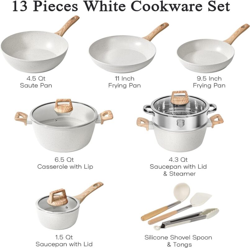 SODAY 13 Pcs Kitchen Cooking Cookware Granite, Nonstick Pan and Pot Set, White - Image 2