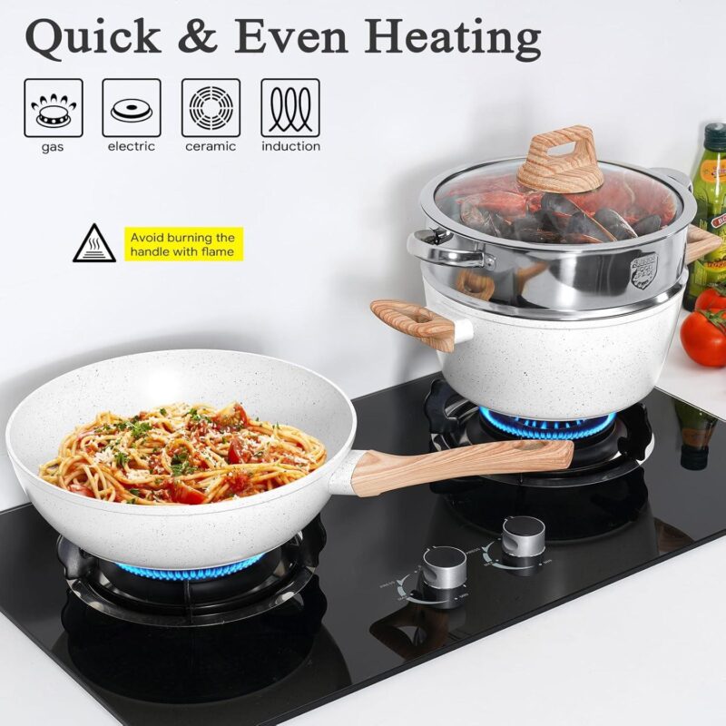 SODAY 13 Pcs Kitchen Cooking Cookware Granite, Nonstick Pan and Pot Set, White - Image 5