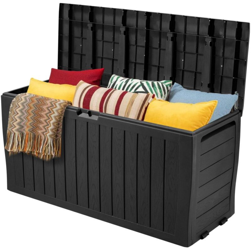 Seizeen 75 Gallon Resin Deck Box on Wheels, Patio Large Storage Cabinet, Outdoor Waterproof Storage Chest, Storage Container for Outside Furniture Cushions, Garden Tools, Kids' Toys, Black, D7226