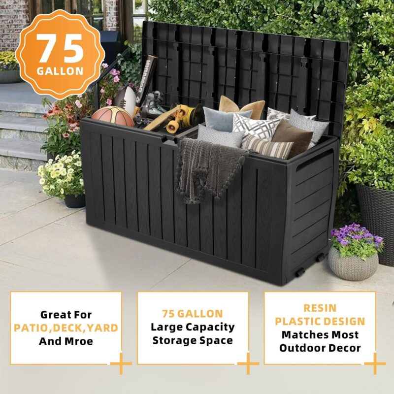 Seizeen 75 Gallon Resin Deck Box on Wheels, Patio Large Storage Cabinet, Outdoor Waterproof Storage Chest, Storage Container for Outside Furniture Cushions, Garden Tools, Kids' Toys, Black, D7226 - Image 2