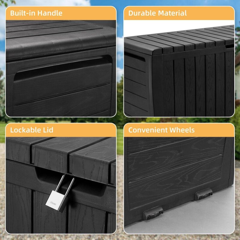Seizeen 75 Gallon Resin Deck Box on Wheels, Patio Large Storage Cabinet, Outdoor Waterproof Storage Chest, Storage Container for Outside Furniture Cushions, Garden Tools, Kids' Toys, Black, D7226 - Image 3