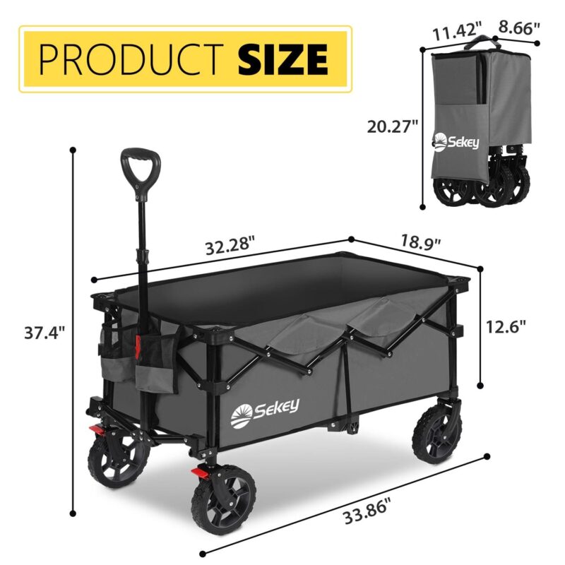 Sekey 220L 330lbs Collapsible Wagon Cart, Foldable Garden Wagon, Heavy Duty Folding Utility 600D Oxford Fabric Beach Cart with Big Wheel for Camping, Sport, Shopping (Gray, 1-YEAR-WARRANTY) - Image 6