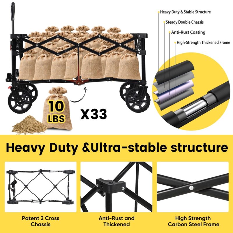Sekey 220L 330lbs Collapsible Wagon Cart, Foldable Garden Wagon, Heavy Duty Folding Utility 600D Oxford Fabric Beach Cart with Big Wheel for Camping, Sport, Shopping (Gray, 1-YEAR-WARRANTY) - Image 2