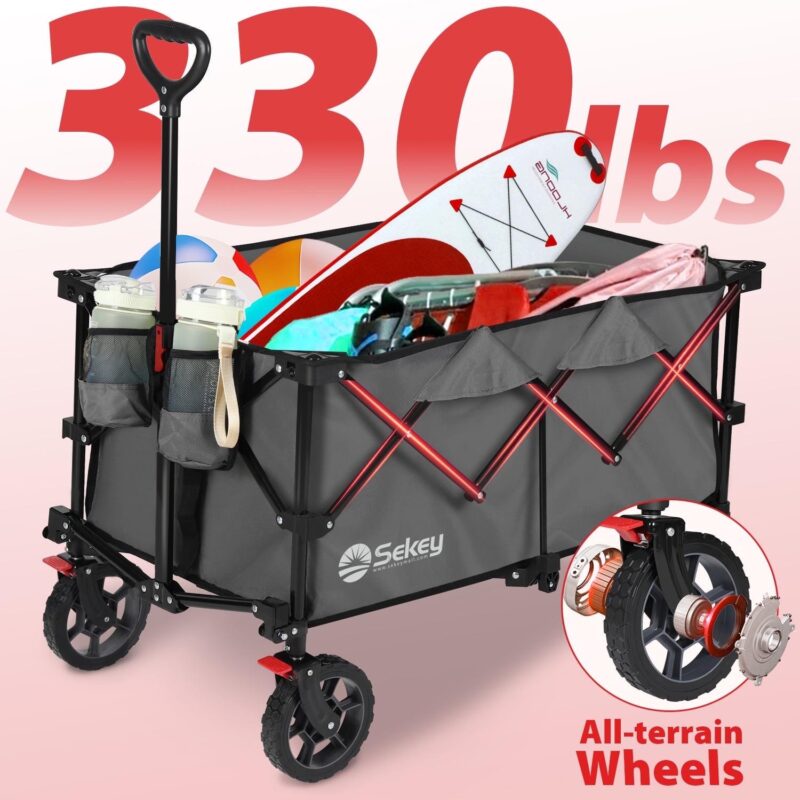 Sekey 220L 330lbs Collapsible Wagon Cart, Foldable Garden Wagon, Heavy Duty Folding Utility 600D Oxford Fabric Beach Cart with Big Wheel for Camping, Sport, Shopping (Gray, 1-YEAR-WARRANTY)
