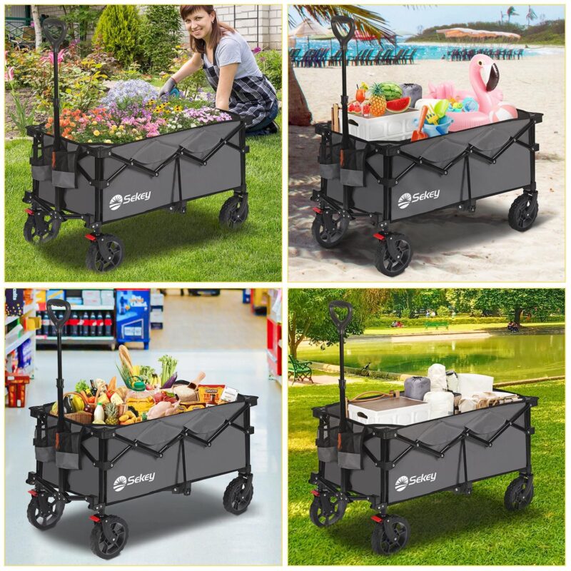 Sekey 220L 330lbs Collapsible Wagon Cart, Foldable Garden Wagon, Heavy Duty Folding Utility 600D Oxford Fabric Beach Cart with Big Wheel for Camping, Sport, Shopping (Gray, 1-YEAR-WARRANTY) - Image 7