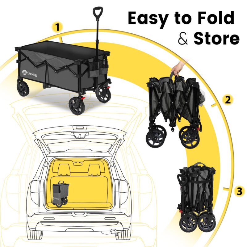 Sekey 220L 330lbs Collapsible Wagon Cart, Foldable Garden Wagon, Heavy Duty Folding Utility 600D Oxford Fabric Beach Cart with Big Wheel for Camping, Sport, Shopping (Gray, 1-YEAR-WARRANTY) - Image 5