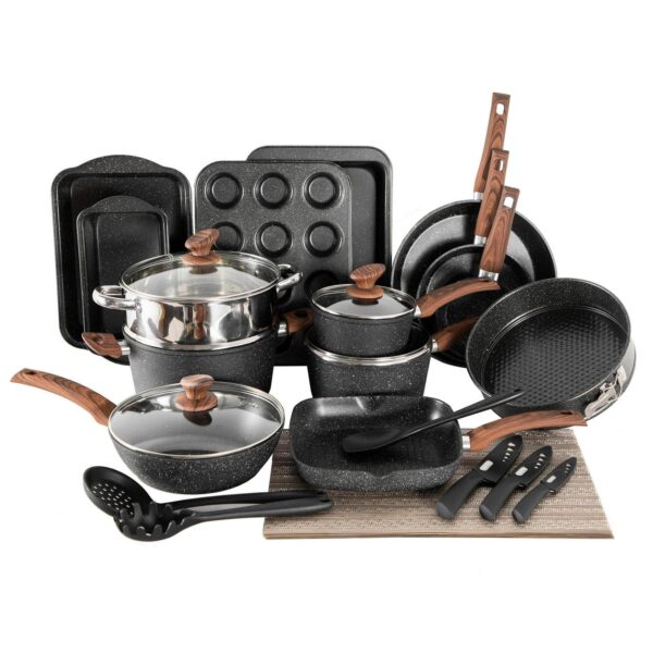 Sophia and William 30 Pieces Cookware and Bakeware Set Safe Granite Non-stick Aluminum Pots and Pans, Black