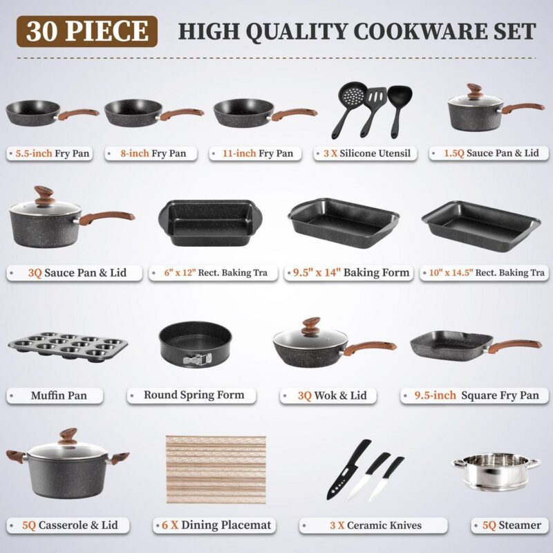 Sophia and William 30 Pieces Cookware and Bakeware Set Safe Granite Non-stick Aluminum Pots and Pans, Black - Image 2