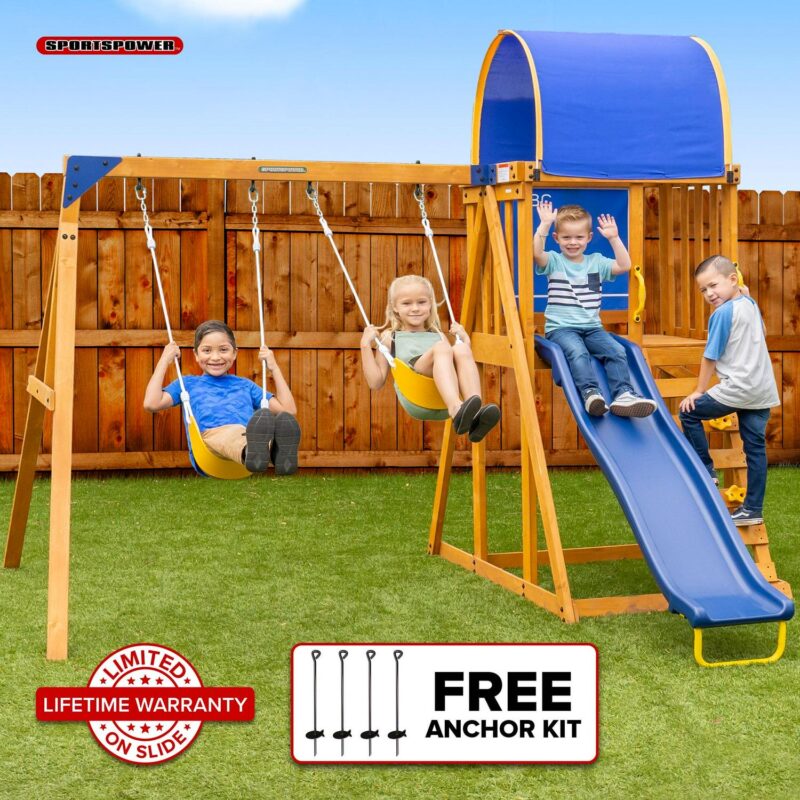 Sportspower Addison Wooden Swing Set with Heavy Duty Double A-Frame and Lifetime Warranty on Blow Molded Slide