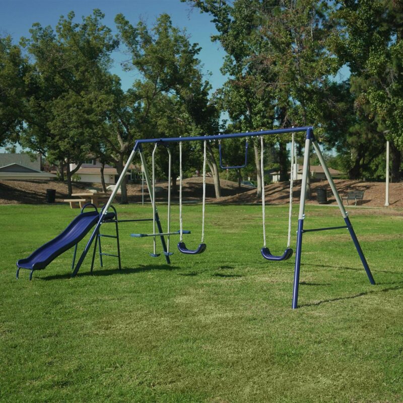 Sportspower Arcadia Metal Swing Set with Trapeze, 2 Person Glider Swing, and 5' Double Wall Slide with Lifetime Warranty - Image 9