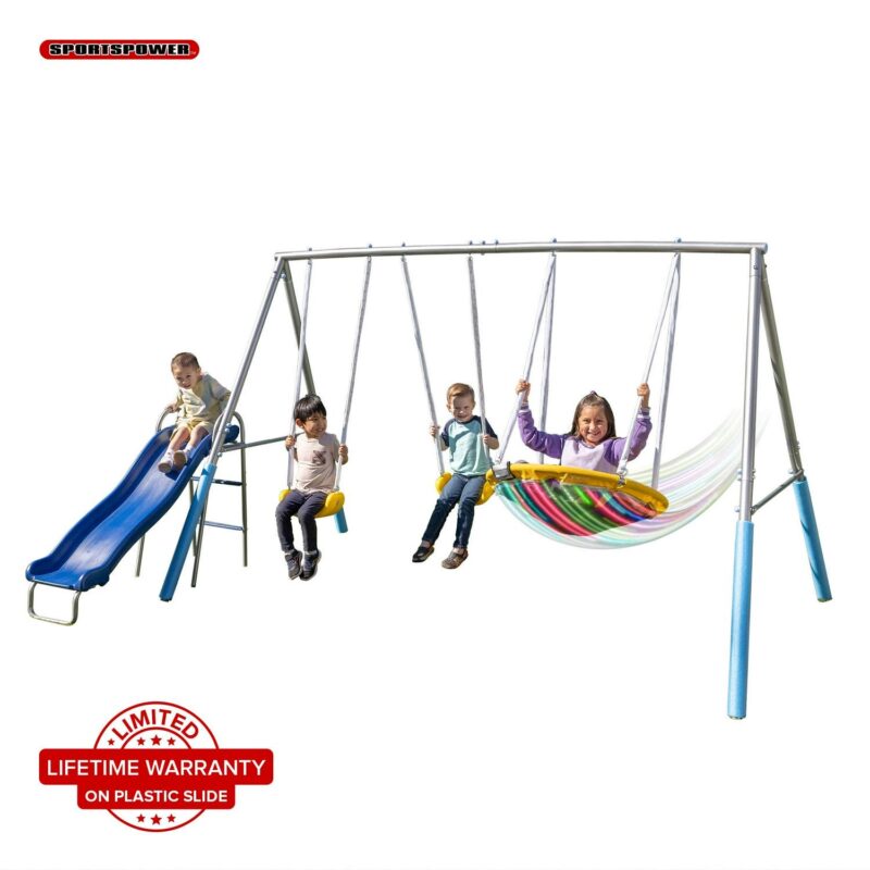 Sportspower Comet Metal Swing Set with LED Light up Saucer Swing, 2 Swings, and Lifetime Warranty on Blow Molded Slide
